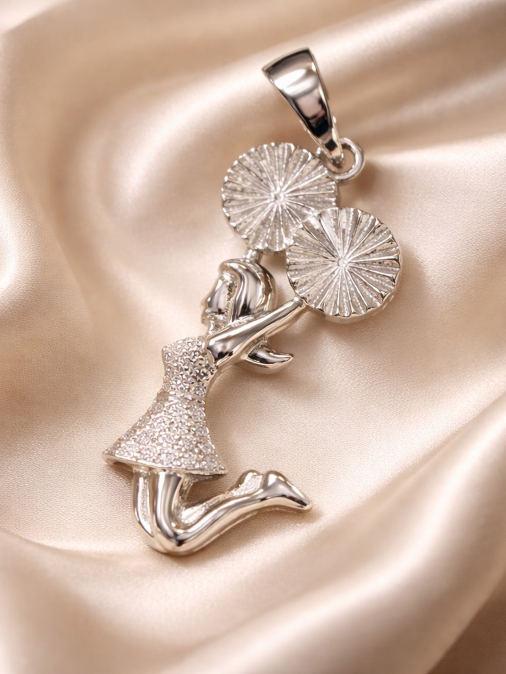 Silver Cheerleader Pendant Necklace - Sparkling Pom-Pom Charm